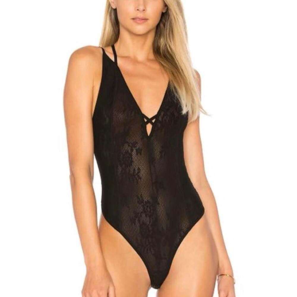 Intimately Free People Black Kisses On My Cheeks Lace Bodysuit